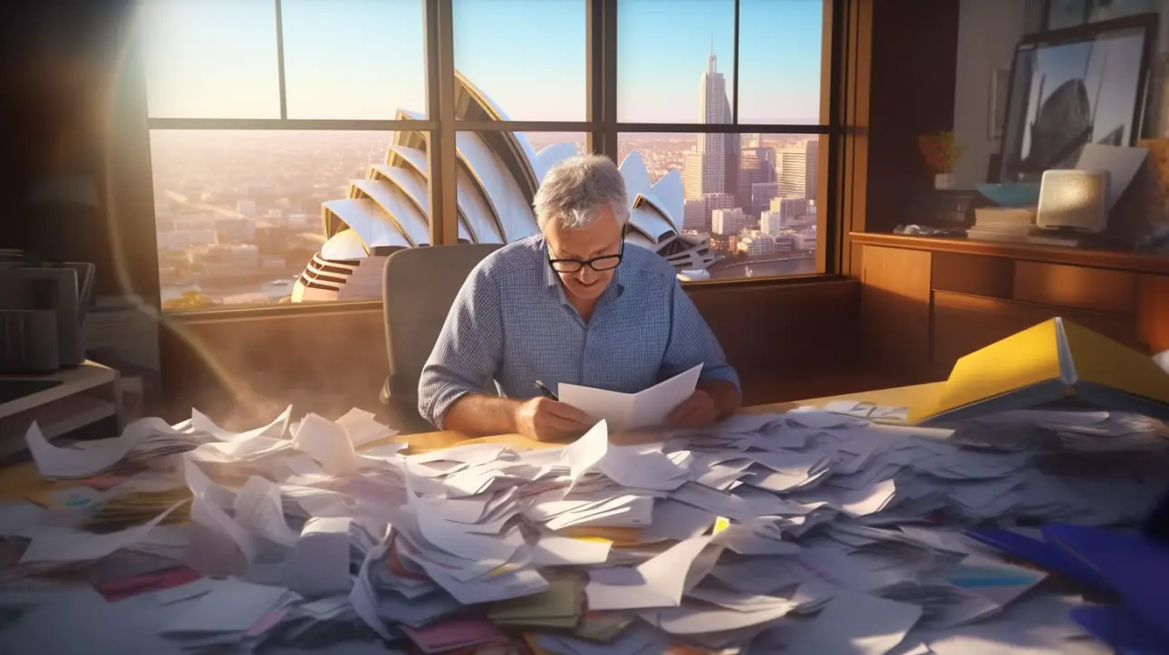 Frustrated man reading papers amidst a messy desk, with the Sydney Opera House visible in the background.