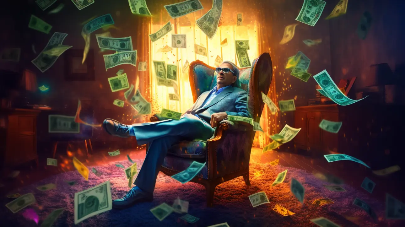 Director in shades sitting in chair, money floating around symbolising family trust benefits as a high-stakes financial drama.