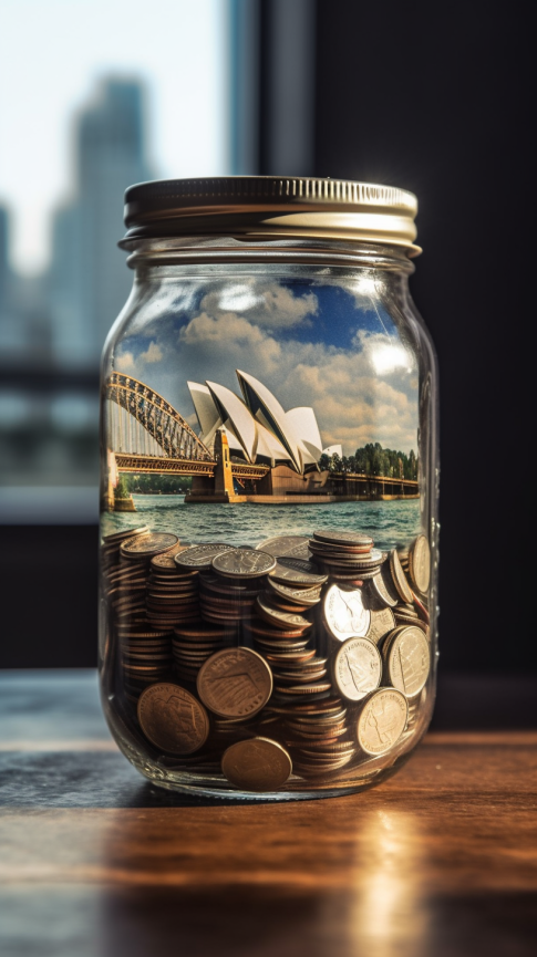 Glass jar filled with coins, and within it, a view of the iconic Australian Harbour Bridge and Opera House, symbolising wealth accumulation in Australia.