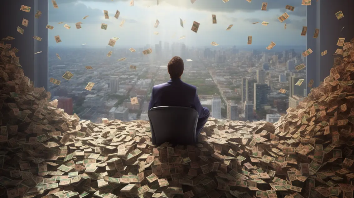 Man comfortably seated on a chair, engrossed in an expansive city view, with numerous money notes strewn about him, reflecting his trust assets.