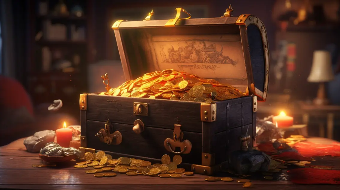 open treasure chest filled with gleaming gold coins, symbolizing the prosperity and wealth of a family trust.