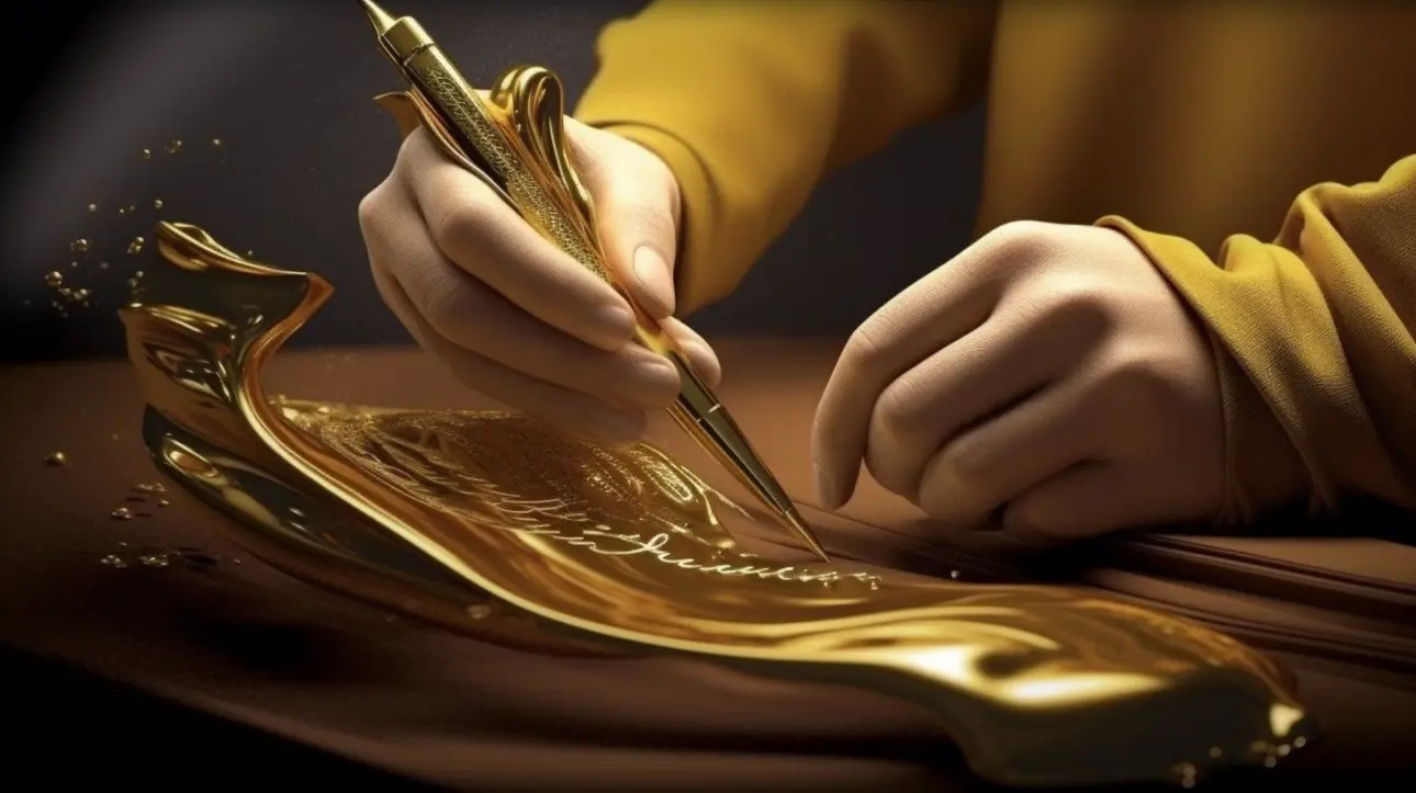 Close-up of hands inscribing a semi-molten golden bar with a golden fountain pen, symbolising the crafting of a trust deed.