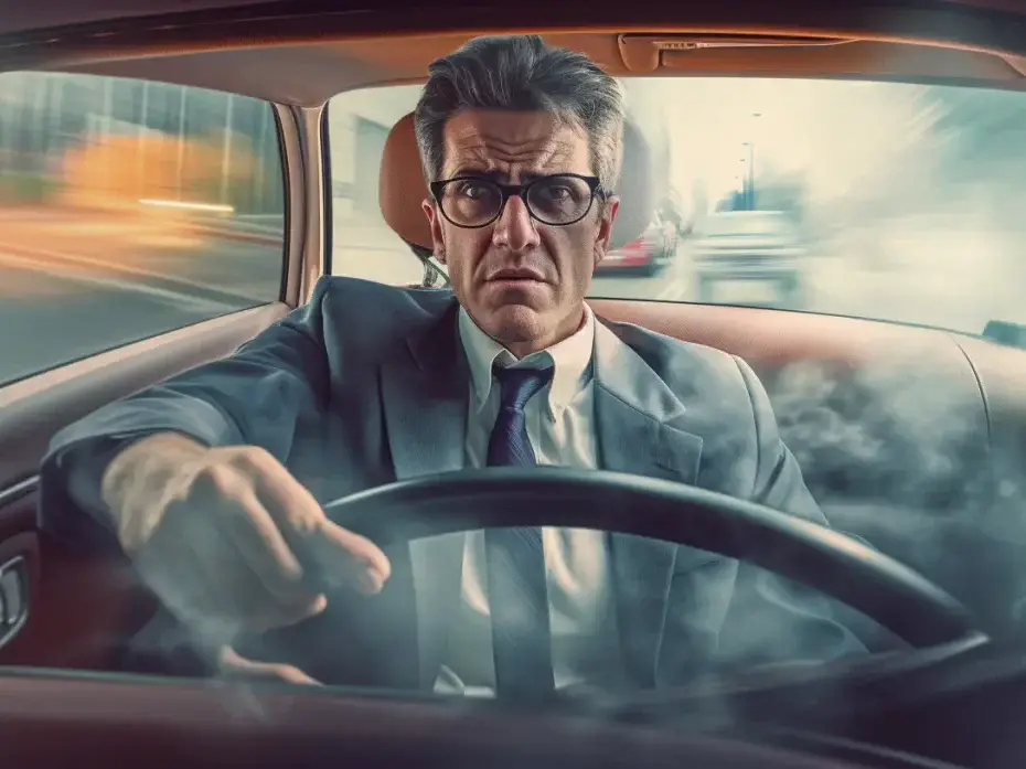 Calm, professionally dressed man driving a car in a high-speed chase, symbolising the importance of seeking legal advice when setting up a trust in Australia.