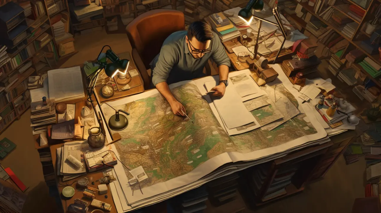 Top-down view of a man with glasses, pointing a pen at a large map book, symbolising the mastery of fundamentals before setting up a family trust in Australia.