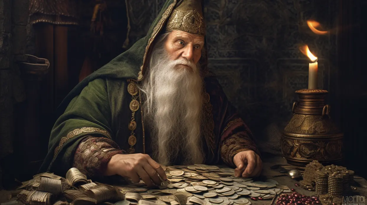 Wise old man with long white beard studying a candle, with a pile of coins and notes before him, symbolising the importance of an insightful trustee in managing a family trust.