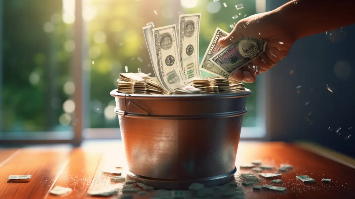 hand placing money into a money filled bucket symbolising the settlor of a trust