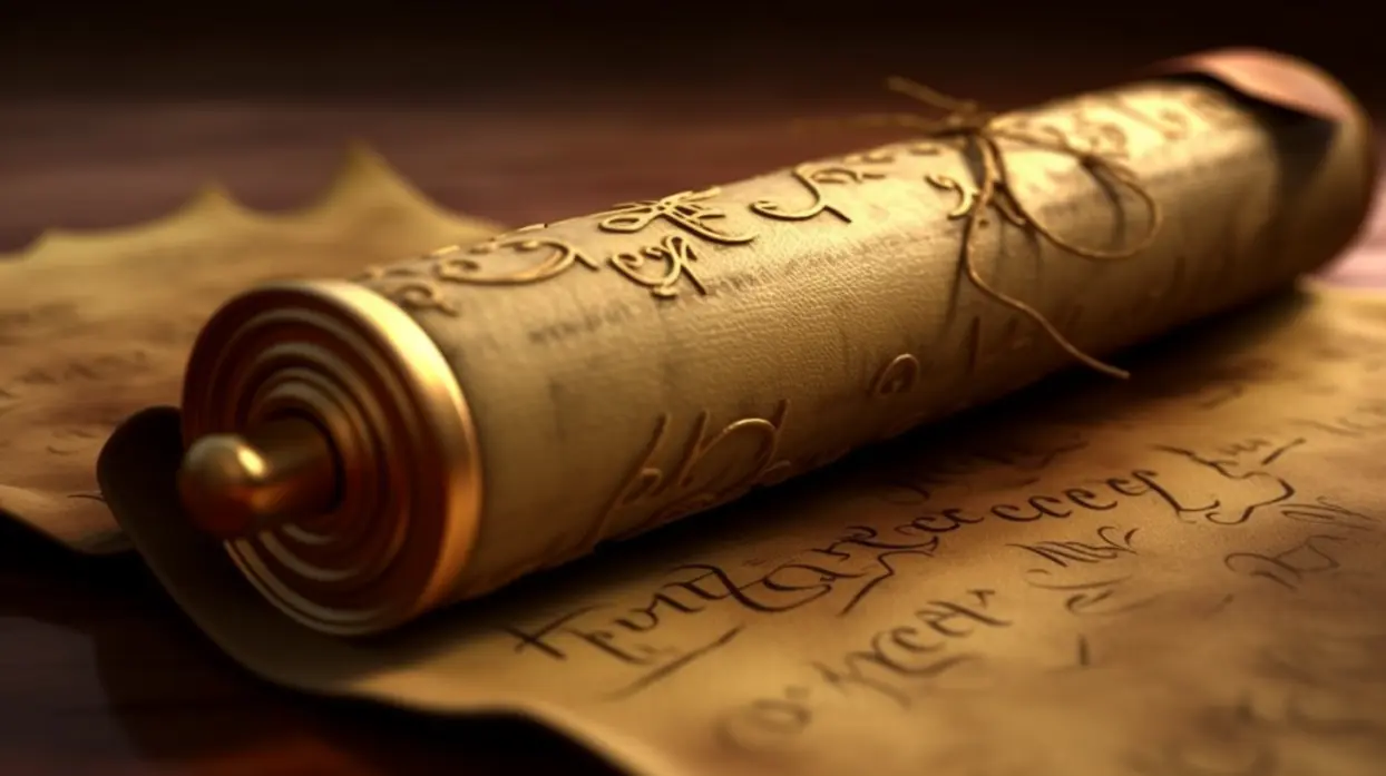 Ancient golden scroll lying on paper with intricate writing symbolising a trust deed